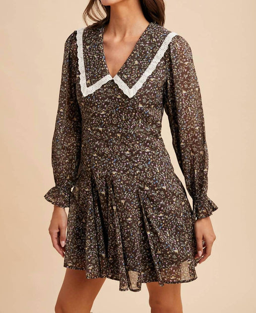 IN-LOOM Peter Pan Collar Flared Mini Dress Brown Small 4