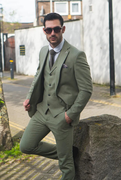 Infinity Men's Sage Tailor Fit 3 Piece Linen Suit Green US 50 Regular 3
