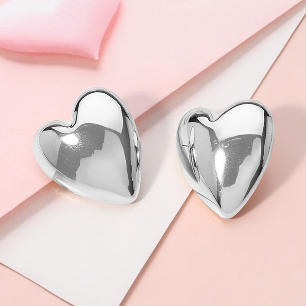 FASHNZFAB Puffy Metal Heart Earrings Silver 3