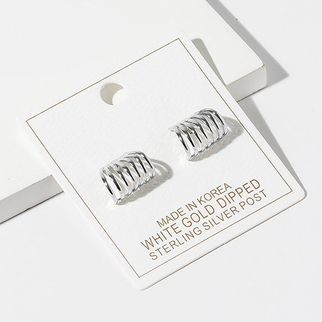 FASHNZFAB Ribbed Cuff Stud Earrings Silver 4