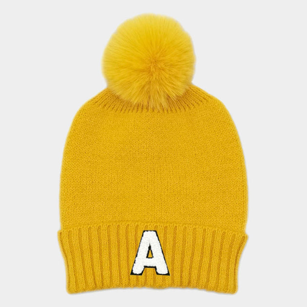 FASHNZFAB A Initial Faux Fur Pom Pom Knit Beanie Grey 4