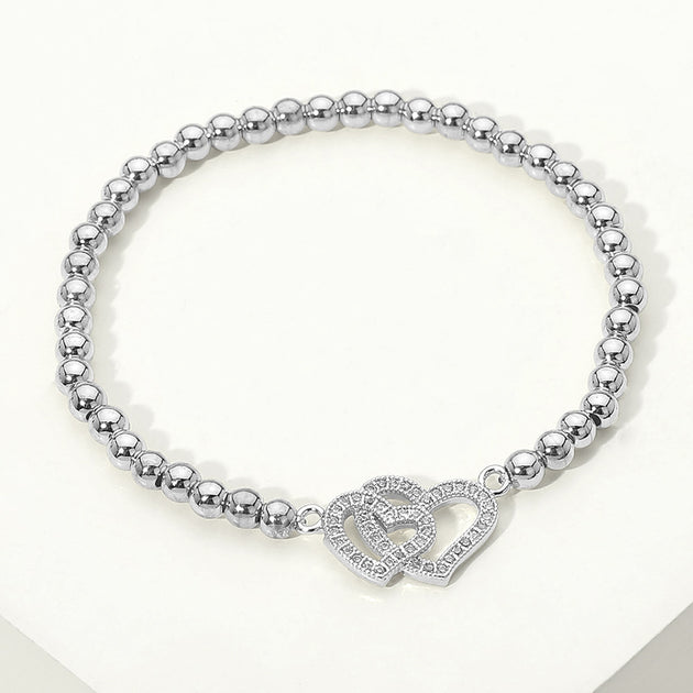FASHNZFAB Interlocking Heart Beaded Stretch Bracelet Silver One Size 2