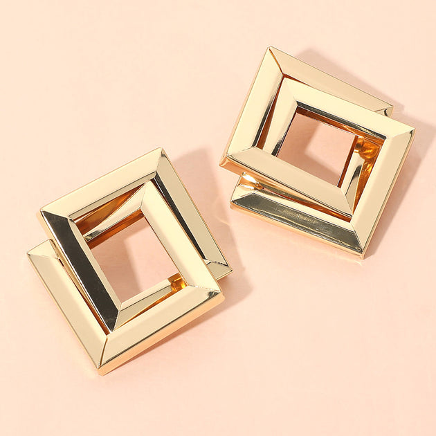 FASHNZFAB Sculpted Geometric Open Square Earrings Silver 2