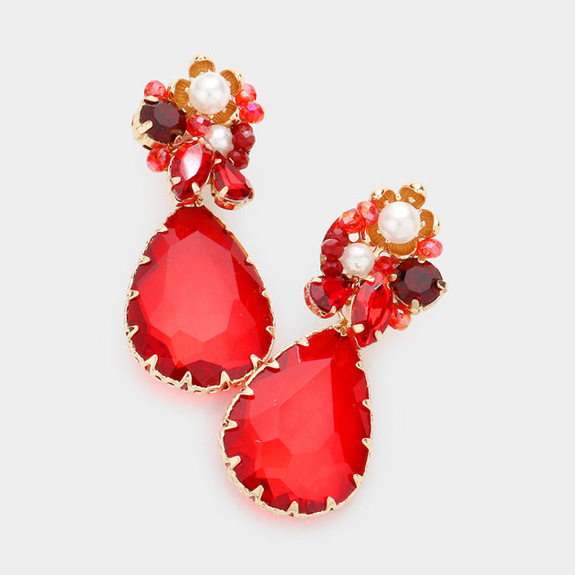 FASHNZFAB Pearl Centered Flower Teardrop Stone Link Dangle Earrings Red 2
