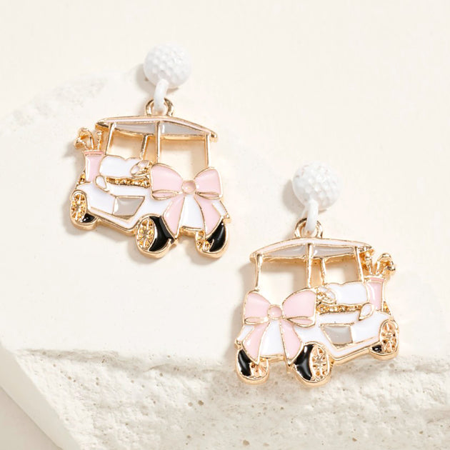 FASHNZFAB Enamel Bow Accent Golf Cart Drop Dangle Earrings White 2