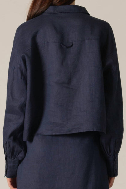 P.CILL Frankie Linen Cropped Button Up Top Blue XS 4