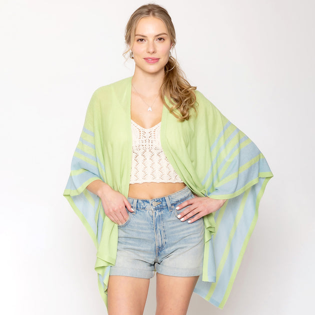 TRUEDAMES Two Tone Border Ruana Poncho Blue One Size 4