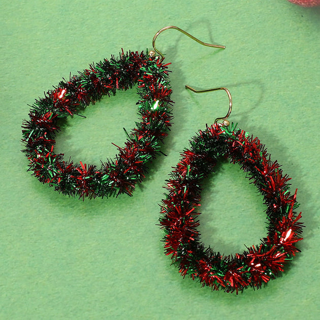 FASHNZFAB Christmas Tinsel Teardrop Dangle Earrings Red 6