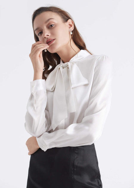 LILYSILK Bow-tie Neck Silk Blouse Black Large 4