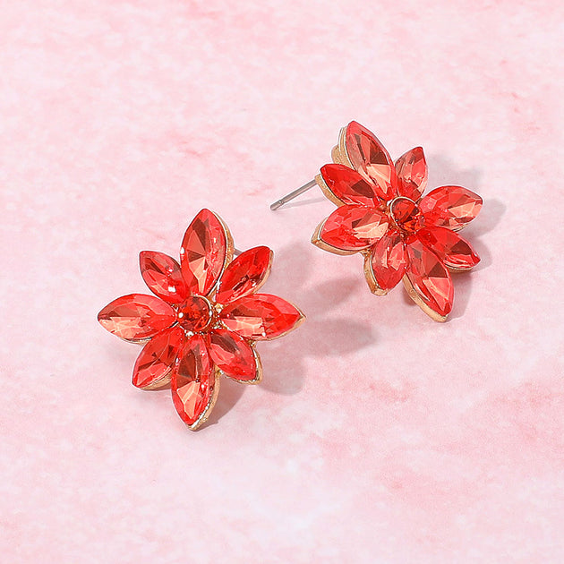 FASHNZFAB Marquise Stone Cluster Flower Earrings Gold Orange Red 2