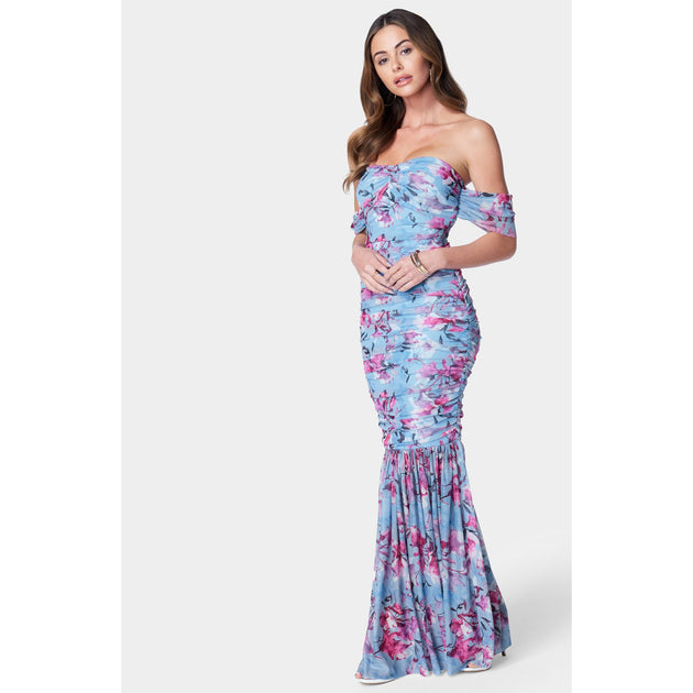 Bebe Off Shoulder Ruched Mesh Gown Blue XLarge 3
