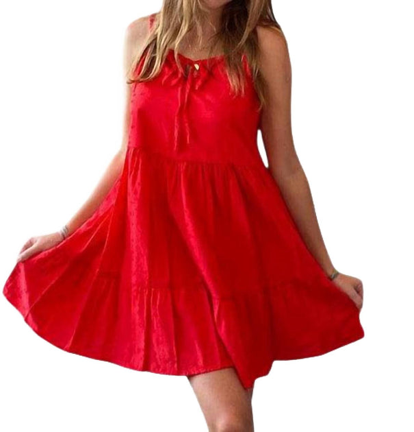 Self Contrast Embroidered Dress Red Small 2