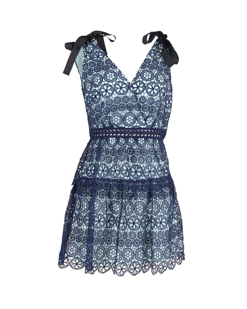 Self-Portrait Tiered Bow-detailed Mini Dress In Blue Polyester Guipure Lace | ShopSimon Self-Portrait Tiered Bow-detailed Mini Dress In Blue Polyester Guipure Lace | ShopSimon