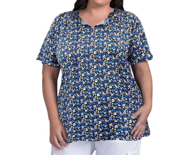 On The Plus Side Printed Short Sleeve Ruffle And Tie Top Blue 8XL 2