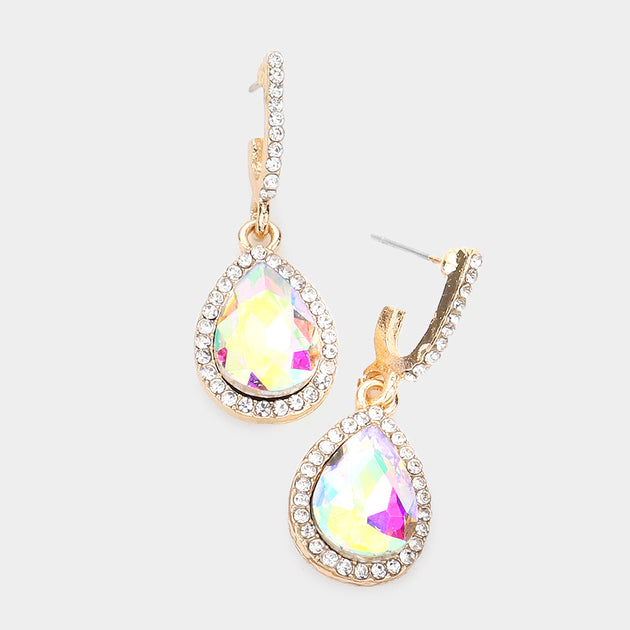 FASHNZFAB Teardrop Stone Dangle Earrings Gold Pink 2