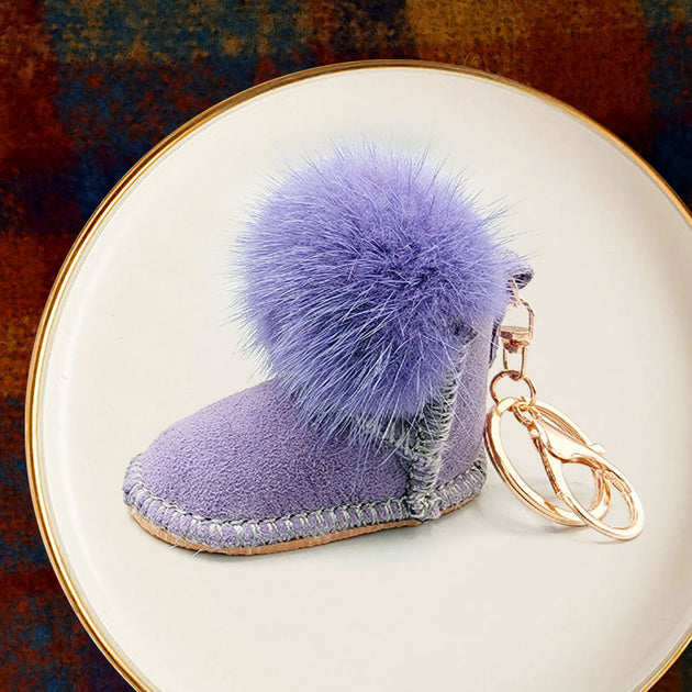 FASHNZFAB Faux Fur Pom Pom Boot Keychain Grey One Size 3