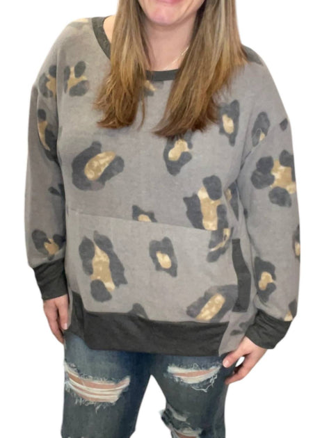 honeyme Leopard Kangaroo Pocket Sweater Grey 3X 2