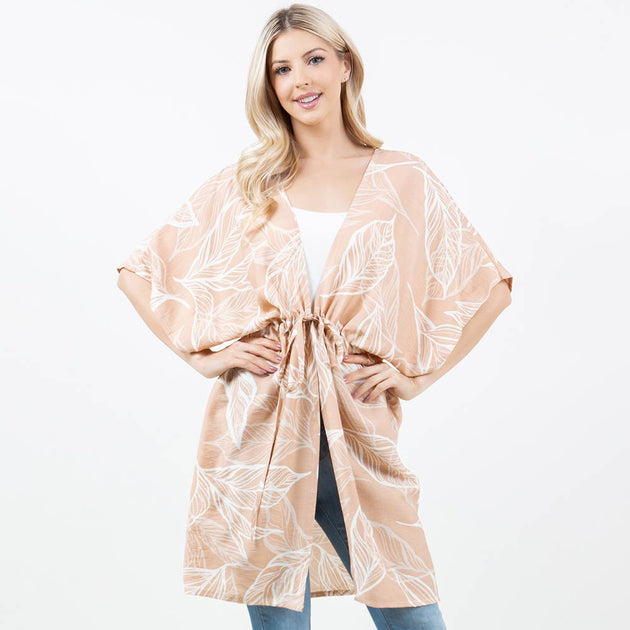 TRUEDAMES Leaf Print Drawstring Kimono Wrap Poncho Beige One Size 2