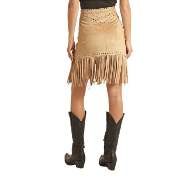 Rock & Roll Denim Studded Fringe Skirt Beige S 3