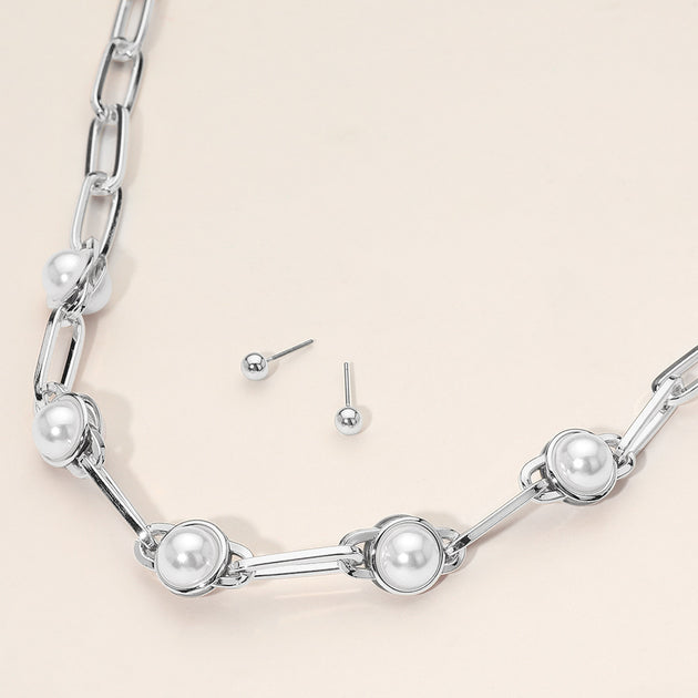 FASHNZFAB Pearl Cluster Link Paperclip Chain Necklace Silver 5
