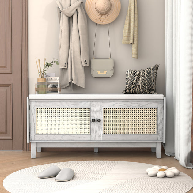 Streamdale Boho Rattan Entryway Bench Gray Wash 2