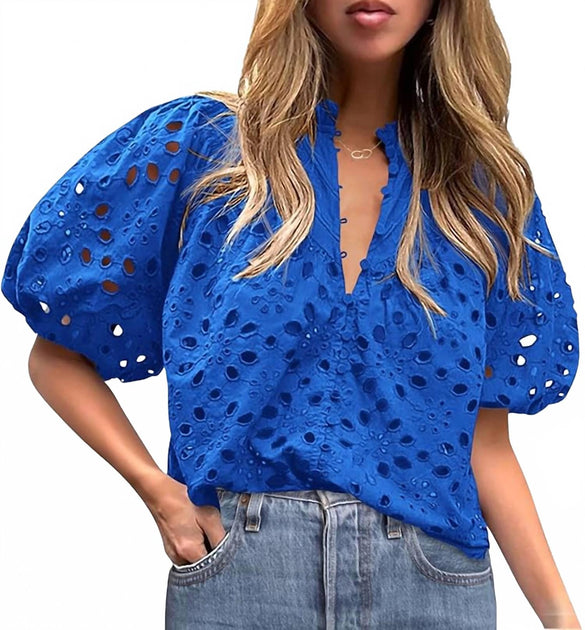 Top It Off Tonya Eyelet Top Blue Large 3