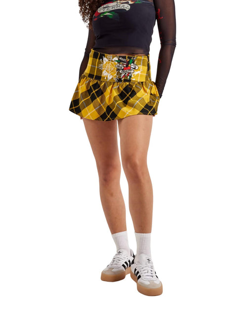 Ed Hardy True Eagle Plaid Flare Mini Skirt Black Large 2