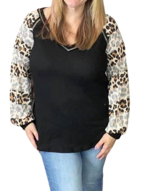honeyme Leopard Puff Sleeve Top Black XLarge 2