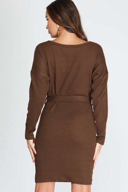 SHE + SKY Dolman Long Sleeve Boatneck Sweater Dress Brown Medium 4