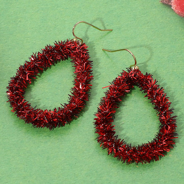 FASHNZFAB Christmas Tinsel Teardrop Dangle Earrings Red 5