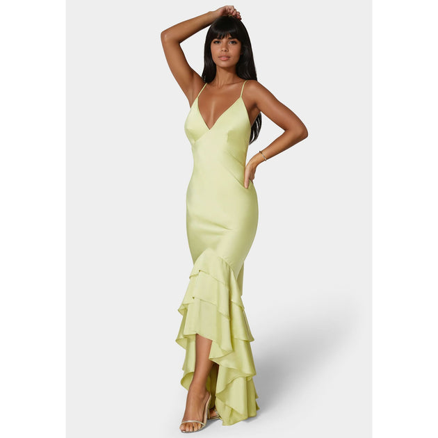 Bebe Tiered Satin High Low Gown Green XLarge 3