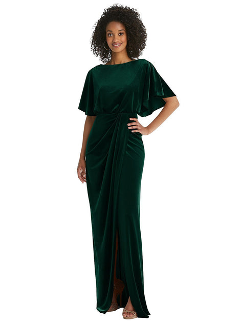After Six Flutter Sleeve Open-Back Velvet Maxi Dress Green US 2 4