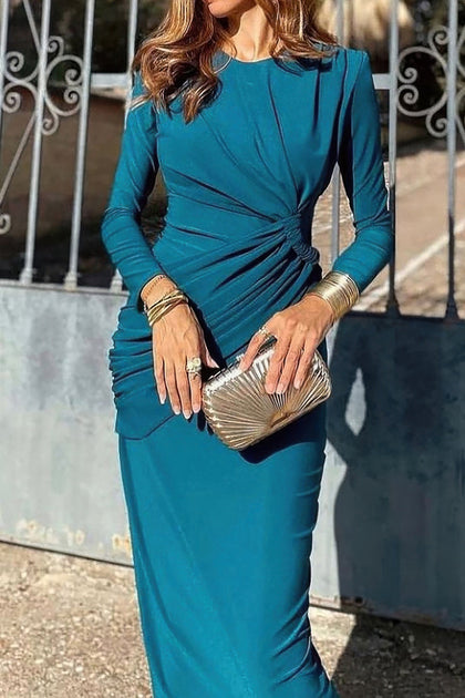 TRUEDAMES Round Neck Ruched Wrap Hem Dress Blue Small 3
