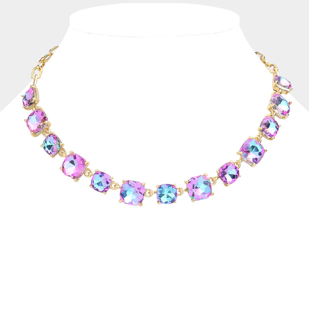 FASHNZFAB Square Stone Link Necklace Green 2