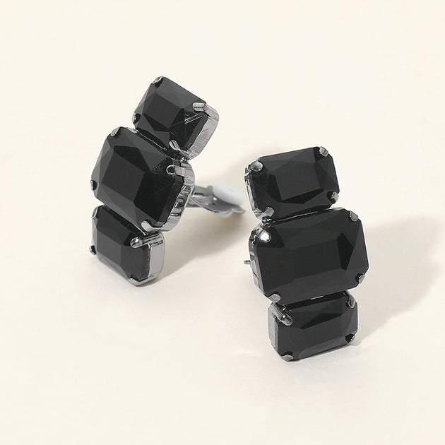 FASHNZFAB Triple Rectangular Faceted Stone Evening Clip On Earrings Black 5