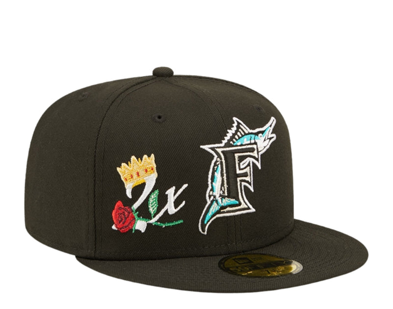 New Era 59Fifty MLB Florida Marlins 2X Champs Black Fitted Hat 7 1/8 2