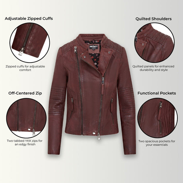 Infinity Womens Biker Leather Jacket Burgundy Medium 3