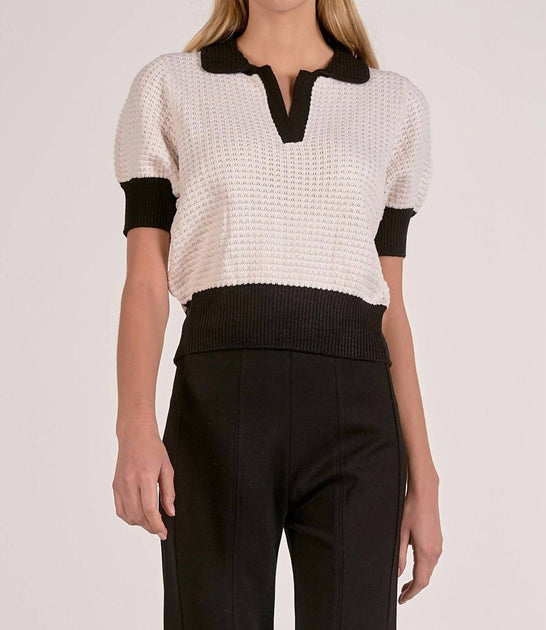 ELAN Darcy Collared Short Sleeve Sweater White XS 2