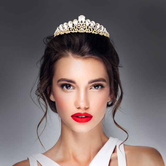 FASHNZFAB Teardrop Cluster Princess Tiara Gold 4