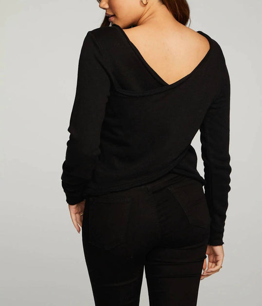 Chaser Linen French Terry Long Sleeve Cross Back Pullover Black XS 3