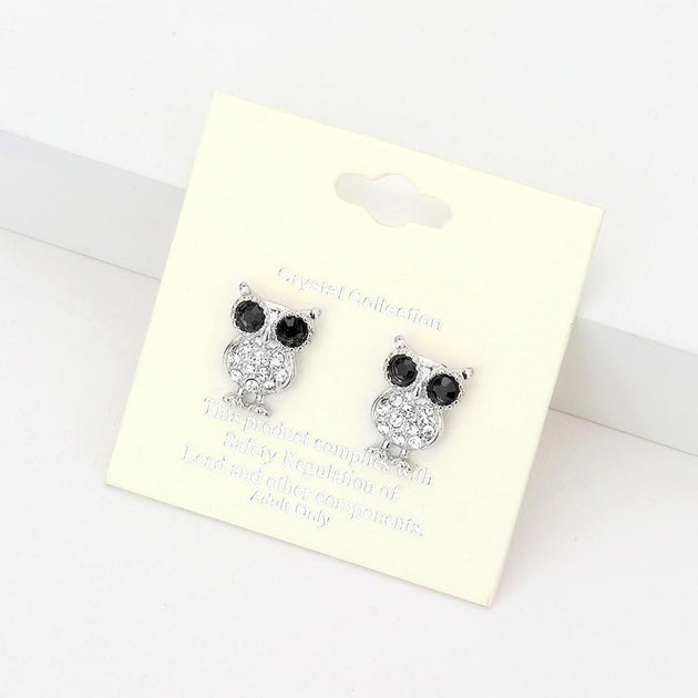 FASHNZFAB Crystal Owl Stud Earrings Black 2