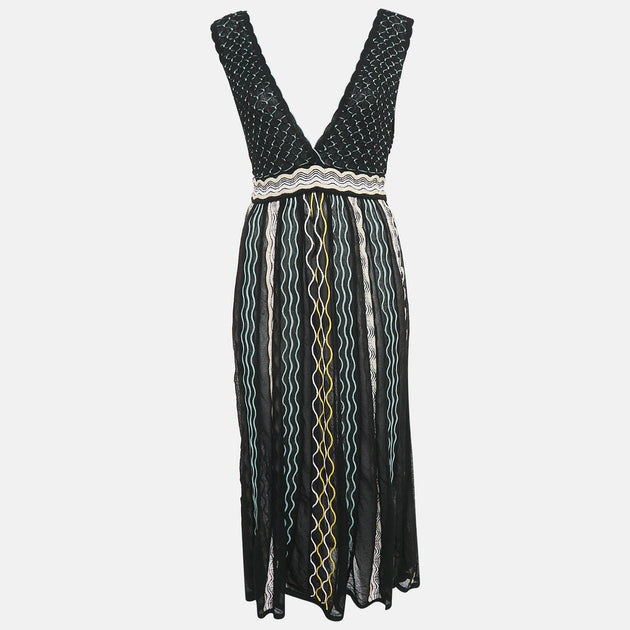 M Missoni Patterned Knit Plunge Neck Midi Dress Black/Blue Medium 2