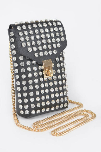 FASHNZFAB Rhinestone Cellphone Crossbody Belt Bag Black One Size 4