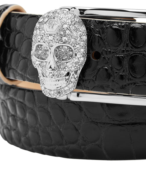 Philipp Plein Leather Belt Crocco Print Shiny Skull Black 70 cm 3