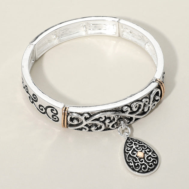 FASHNZFAB Teardrop Charm Stretch Bracelet Two Tone Silver One Size 3