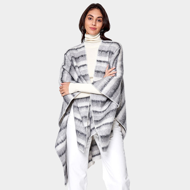 TRUEDAMES Striped Ruana Poncho Grey One Size 4