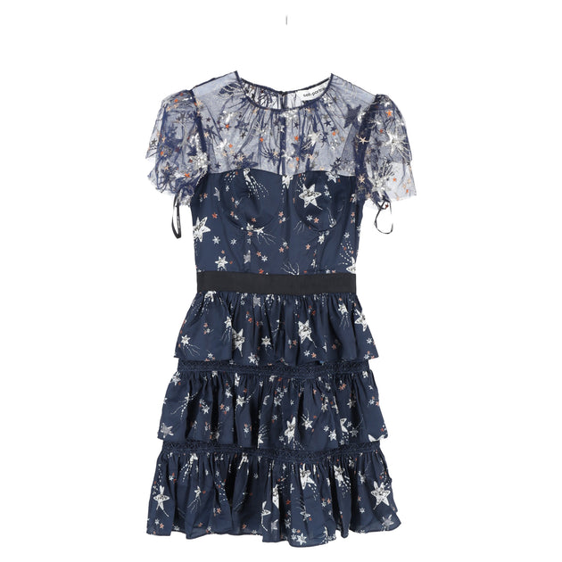 self portrait star mesh tiered dress Self-Portrait Tiered Star Mesh Printed Mini Dress In Navy Blue Polyester