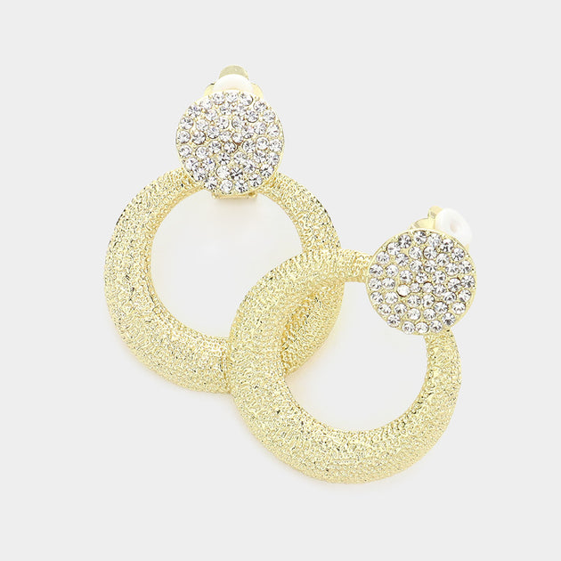 FASHNZFAB Rhinestone Pave Circle Clip On Earrings Silver 2