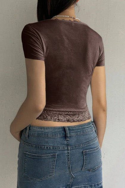 TRUEDAMES Square Neck Lace Trim High Waist Tee Brown Medium 3