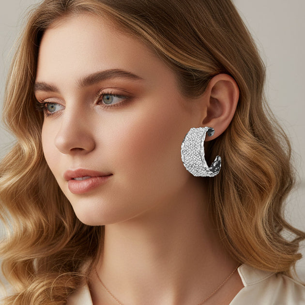 FASHNZFAB Wide Rhinestone Hoop Earrings Silver 4